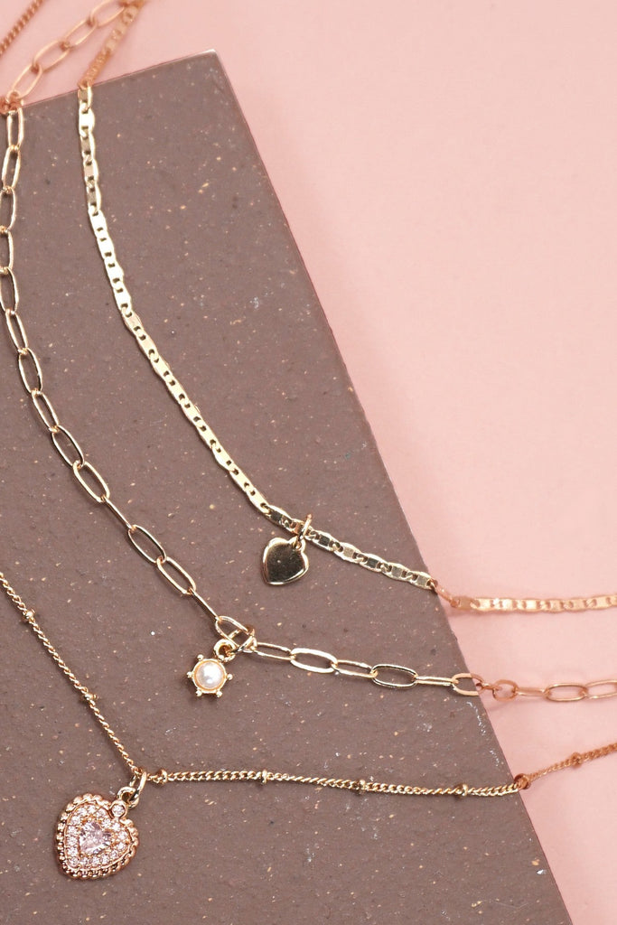 MULTI LAYER SET RHINESTONE HEART PENDANT NECKLACE | 25N948