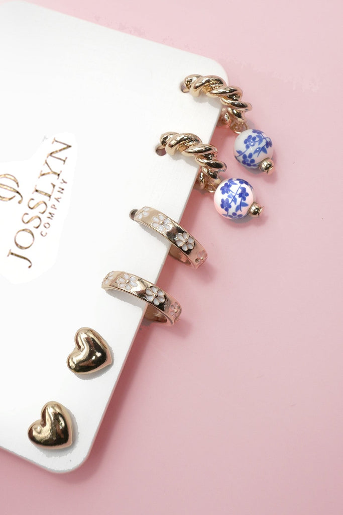 BLUE CERAMIC PORCELAIN TRIO HUGGIE HOOP EARRINGS | 80E6610