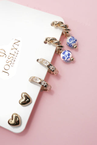 BLUE CERAMIC PORCELAIN TRIO HUGGIE HOOP EARRINGS | 80E6610