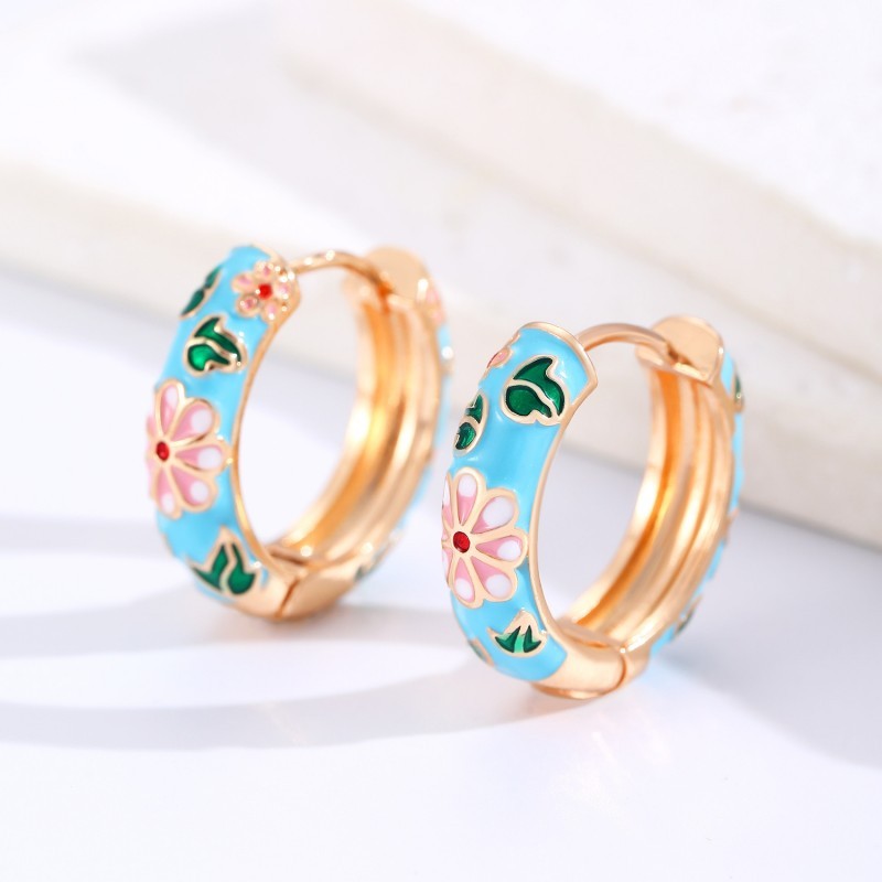 VINTAGE CLOISONNE ENAMEL FLORAL HOOP EARRINGS  | 40E358