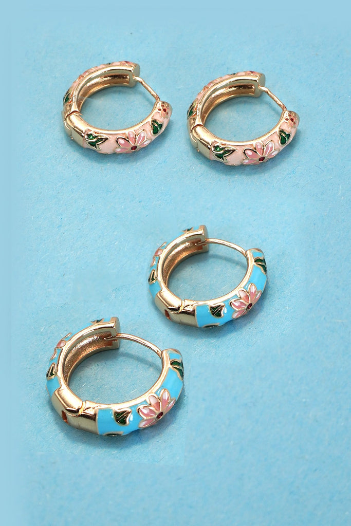 VINTAGE CLOISONNE ENAMEL FLORAL HOOP EARRINGS  | 40E358