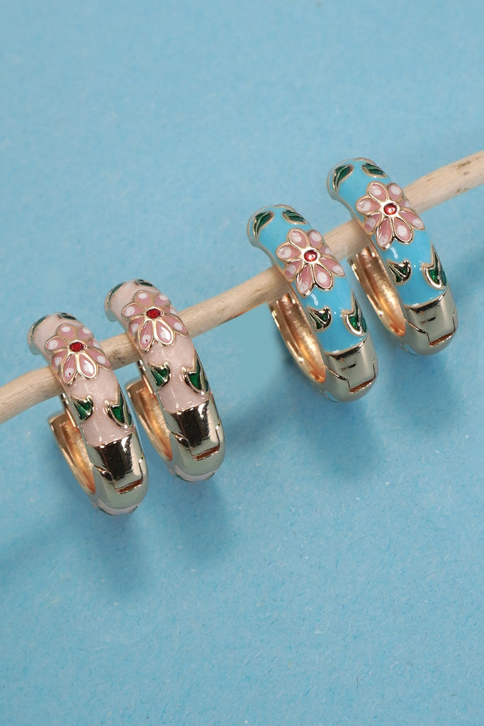 VINTAGE CLOISONNE ENAMEL FLORAL HOOP EARRINGS  | 40E358