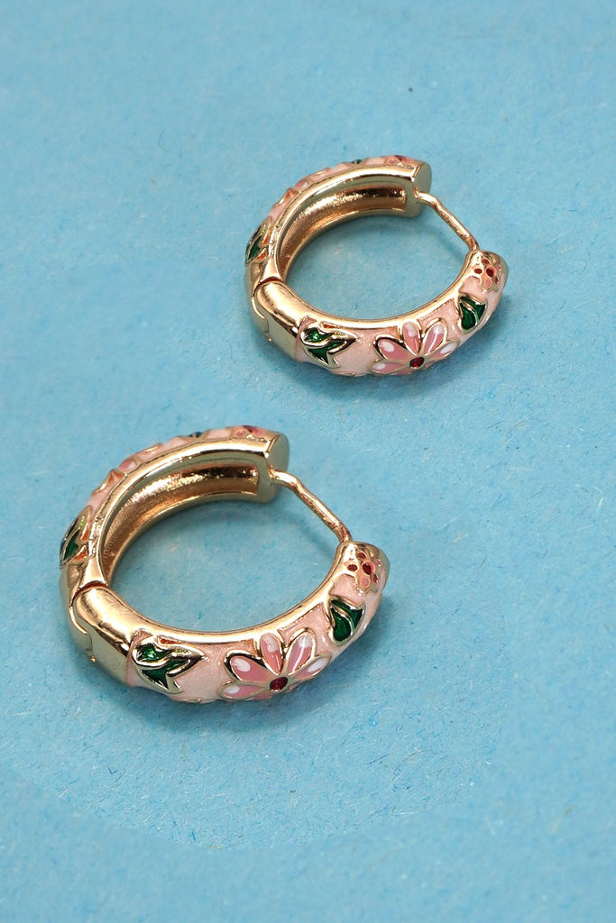 VINTAGE CLOISONNE ENAMEL FLORAL HOOP EARRINGS  | 40E358