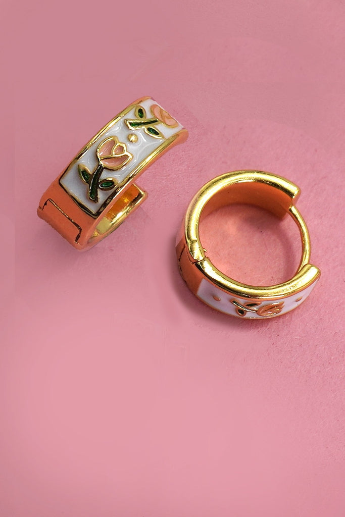 VINTAGE CLOISONNE FLORAL HUGGIE HOOP EARRINGS | 40E357