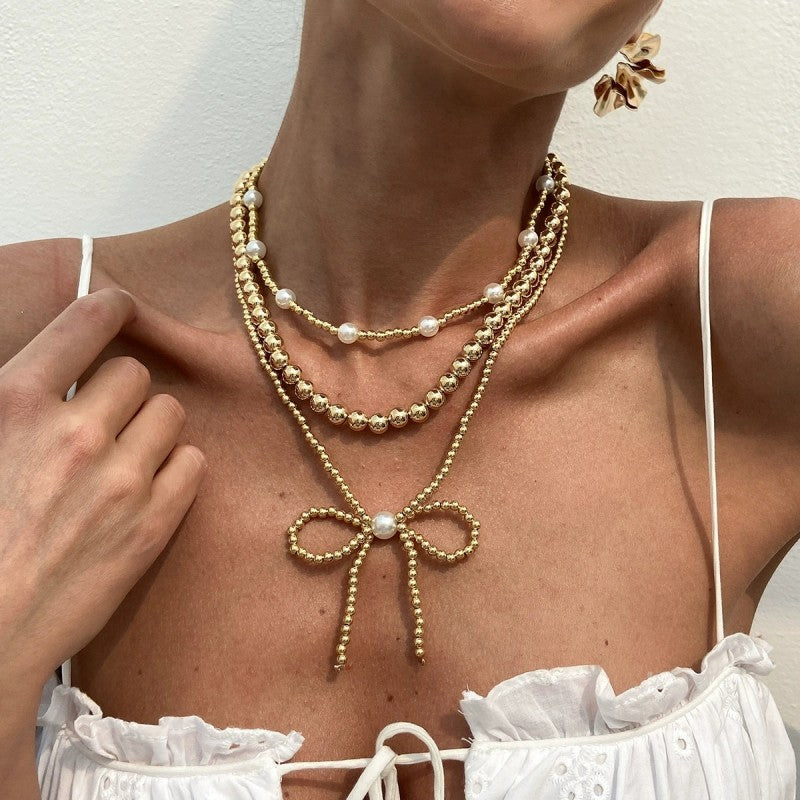 MULTILAYER BALL CHAIN BEAD PEARL BOW NECKLACE | 40NK9455