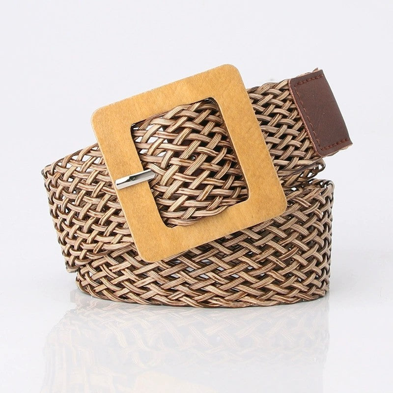 WOOD BUCKLE BRAIDED RECTANGLE LEATHER BELT | 40BT652