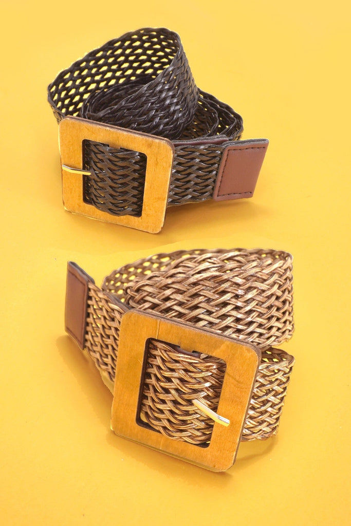 WOOD BUCKLE BRAIDED RECTANGLE LEATHER BELT | 40BT652