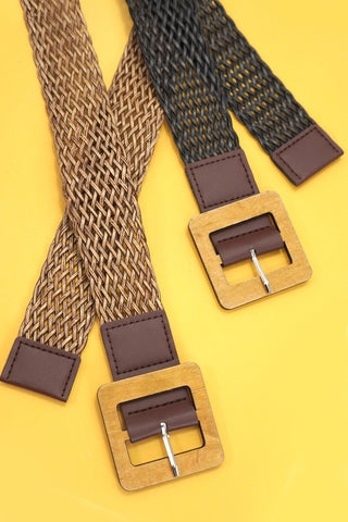 WOOD BUCKLE BRAIDED RECTANGLE LEATHER BELT | 40BT652