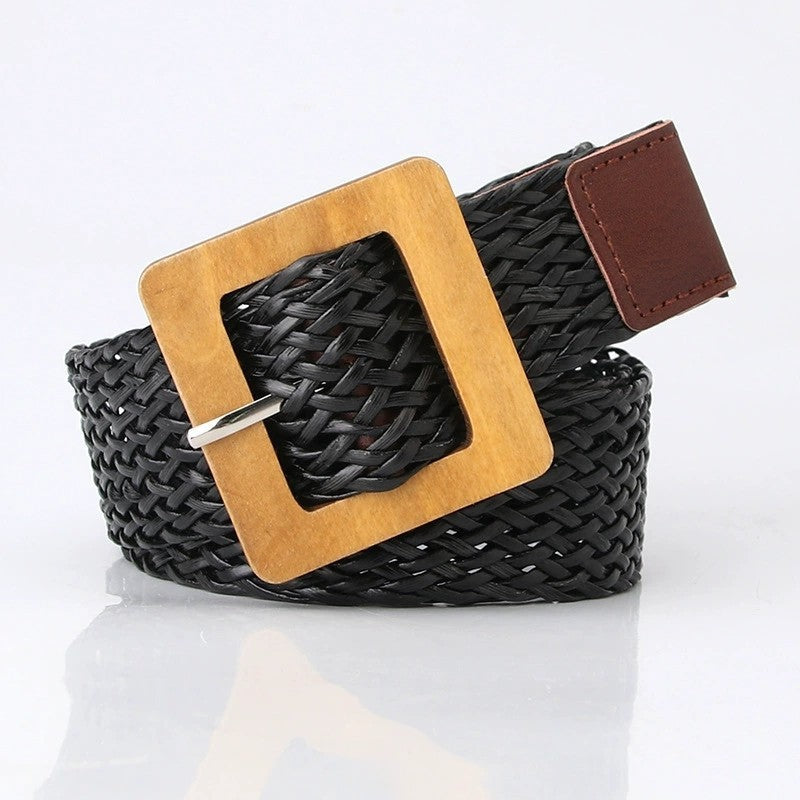 WOOD BUCKLE BRAIDED RECTANGLE LEATHER BELT | 40BT652