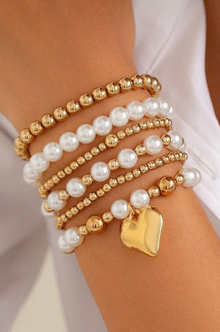 MULTILAYER BALL PEARL CHAIN BEAD HEART BRACELET | 40B5159