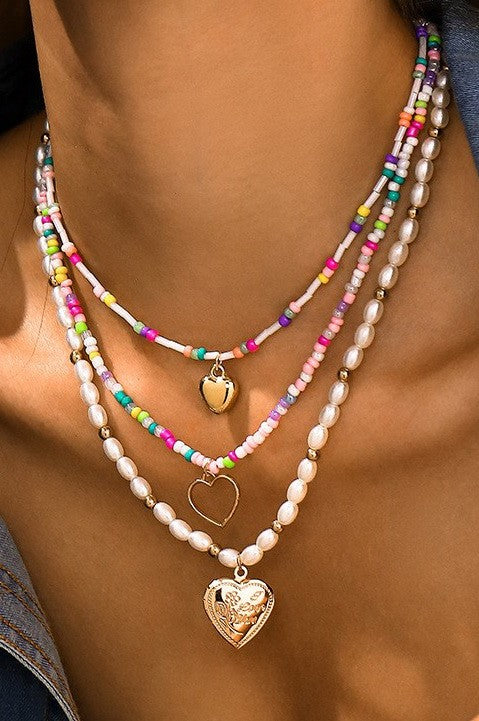 MULTI LAYER BEADED CHAIN HEART CHARM NECKLACE | 40NK9472