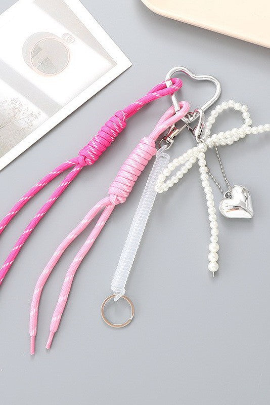 SPORTY CORD PEARL BOW HEART BAG CHARM KEY CHAIN | 40KC159