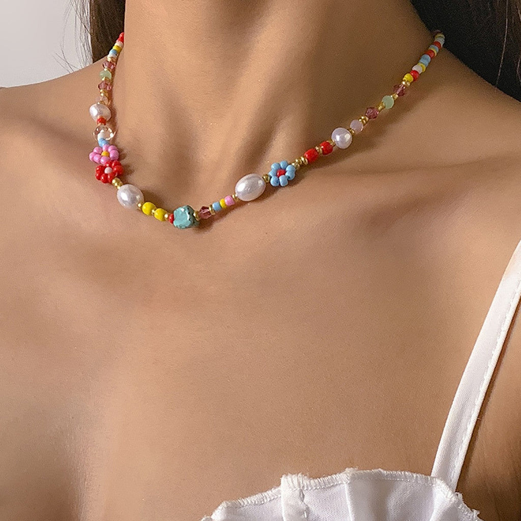MULTI COLORED FLOWER DAISY PEARL STONE NECKLACE | 40NK9478