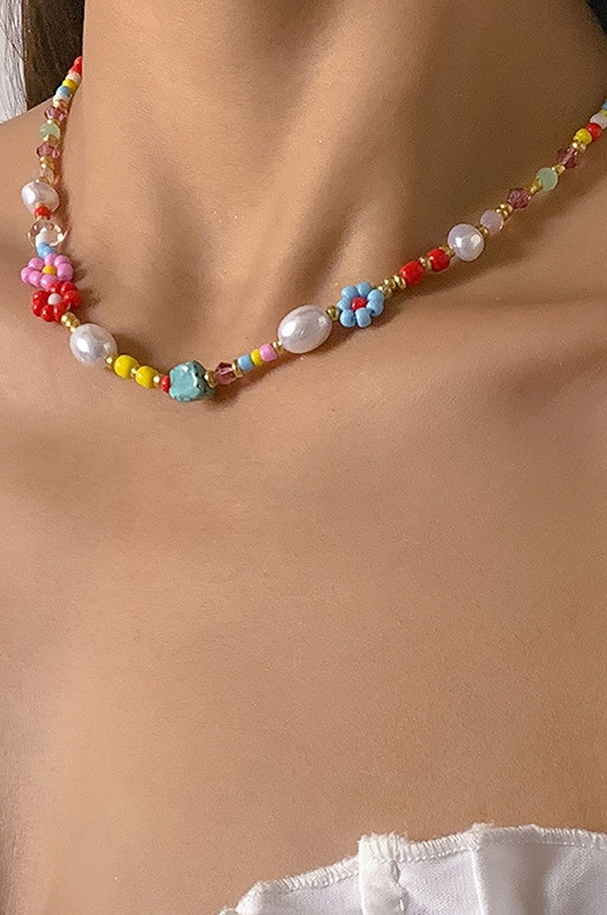 MULTI COLORED FLOWER DAISY PEARL STONE NECKLACE | 40NK9478
