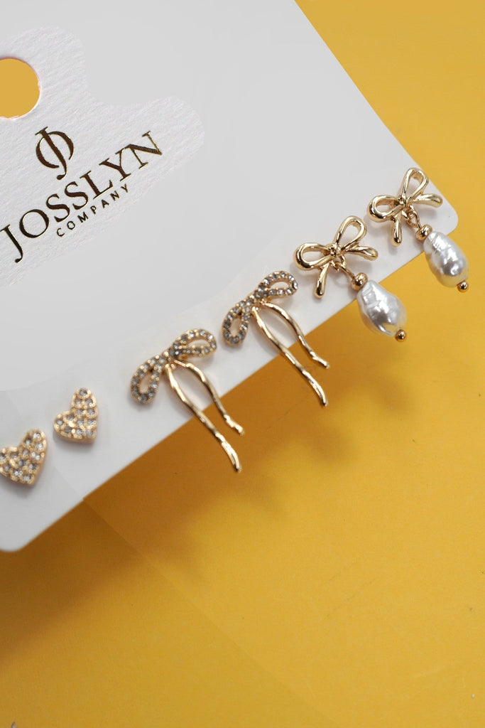 RHINESTONE HEART BOW PEARL DROP BOW EARRINGS | 80E6698