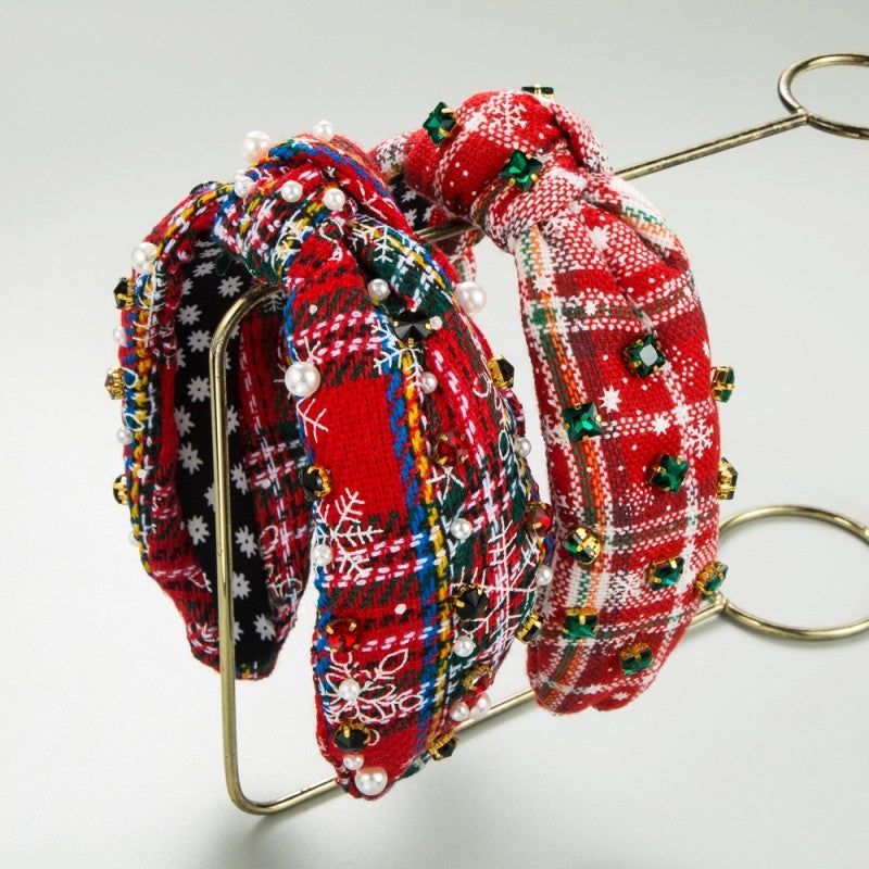 CHRISTMAS PLAID RHINESTONE WIDE KNOTTED HEADBAND | 40HB171