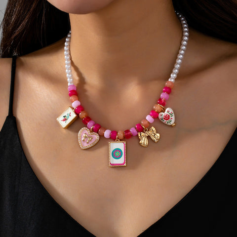 Pink Beaded & Pearl Mahjong Charm Strand Necklace | 80N93925