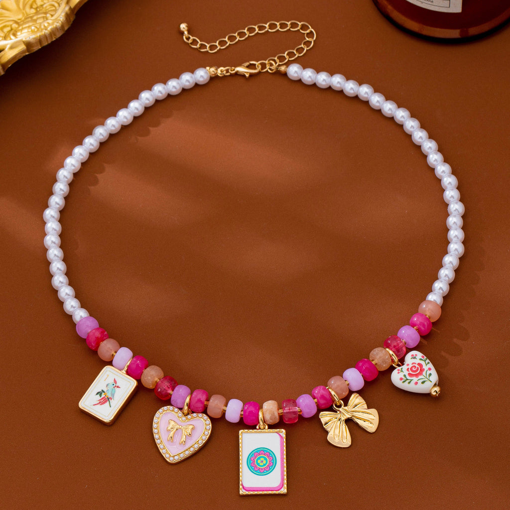 Pink Beaded & Pearl Mahjong Charm Strand Necklace | 80N93925