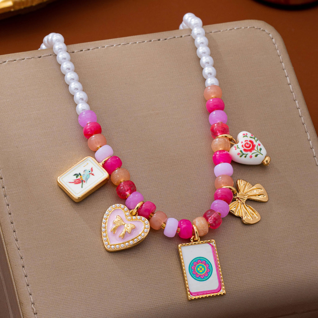 Pink Beaded & Pearl Mahjong Charm Strand Necklace | 80N93925