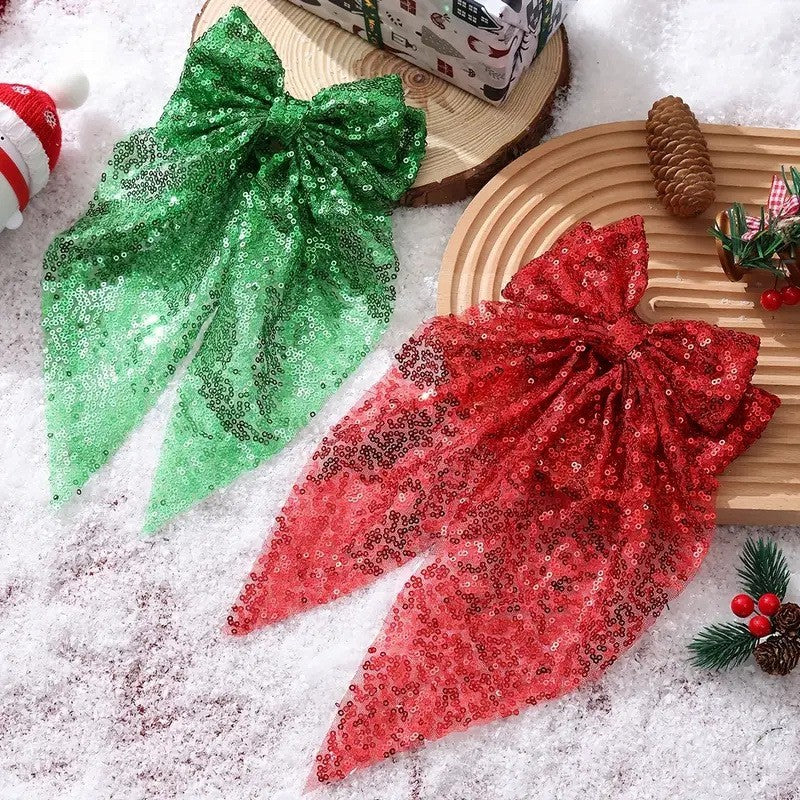 CHRISTMAS SEQUIN ORGANZA BOW RIBBON HAIR CLIPS | 40H949