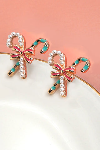CHRISTMAS CANDY CANE PEARL BOW STUD EARRINGS | 31E50799