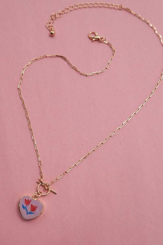 PORCELAIN FLOWER HEART CHARM TOGGLE NECKLACE | 80N91839