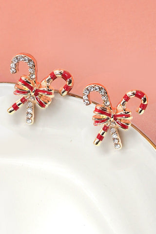 CHRISTMAS CANDY CANE RHINESTONE BOW EARRINGS | 80E6737