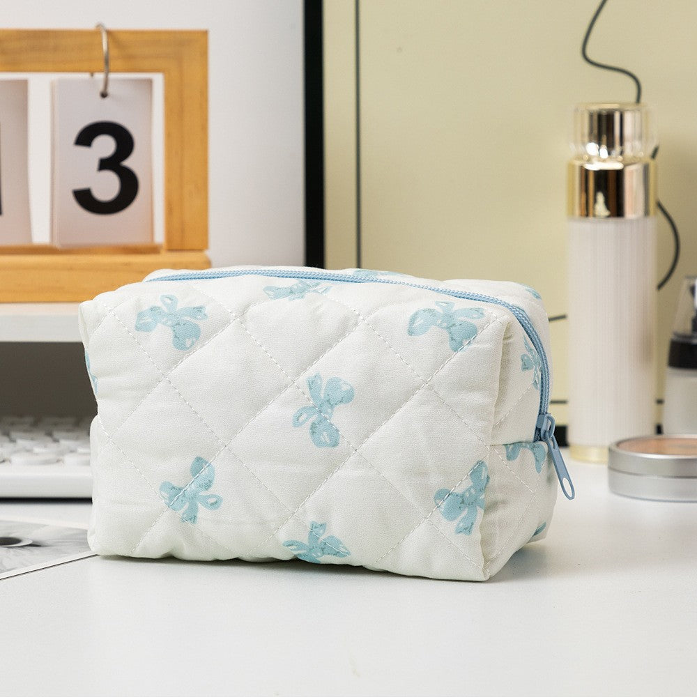QUILTED COTTON CHECKER BOW COSMETIC POUCH BAG | 40P569