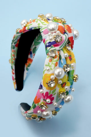 FLORAL TOILE PATTERN PEARL HAIR BAND HEADBAND | 40HB177