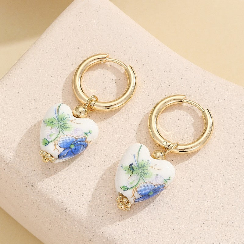 BLUE CERAMIC PORCELAIN  GOLD PEARL DROP EARRINGS | 40E391