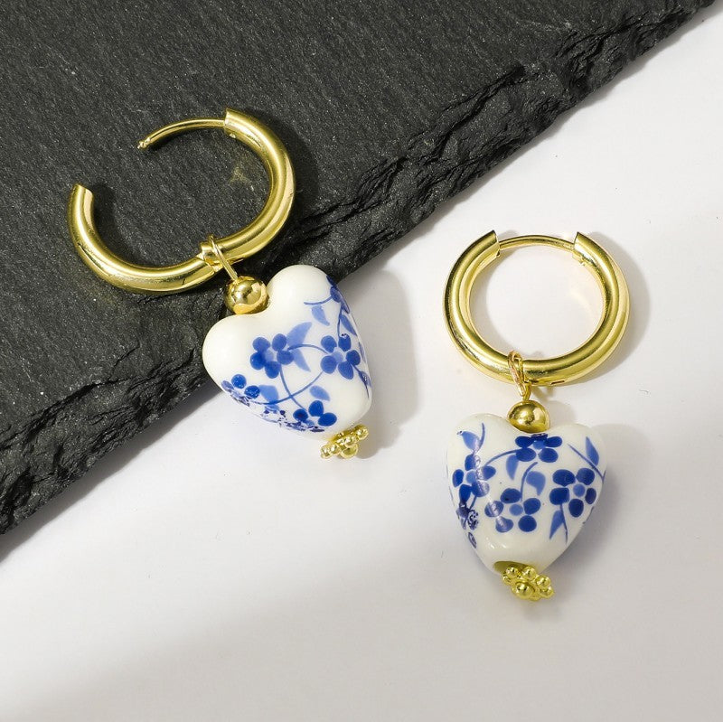 BLUE CERAMIC PORCELAIN  GOLD PEARL DROP EARRINGS | 40E391