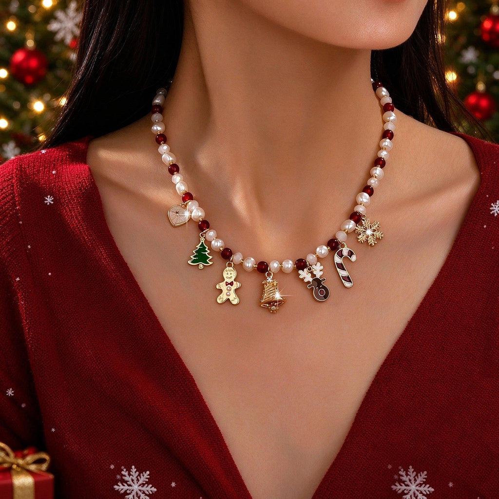 Holiday Christmas Charm Faux Pearl & Bead Necklace| 80N93907