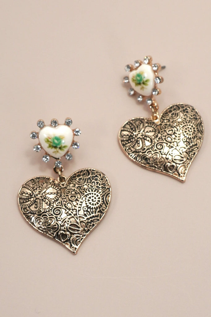 VINTAGE PORCELAIN FLOWER HEART DROP EARRINGS | 80E6973