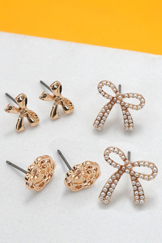 TRIO STUD BOW FLORAL PEARL BOW TRIO EARRINGS | 80E6912