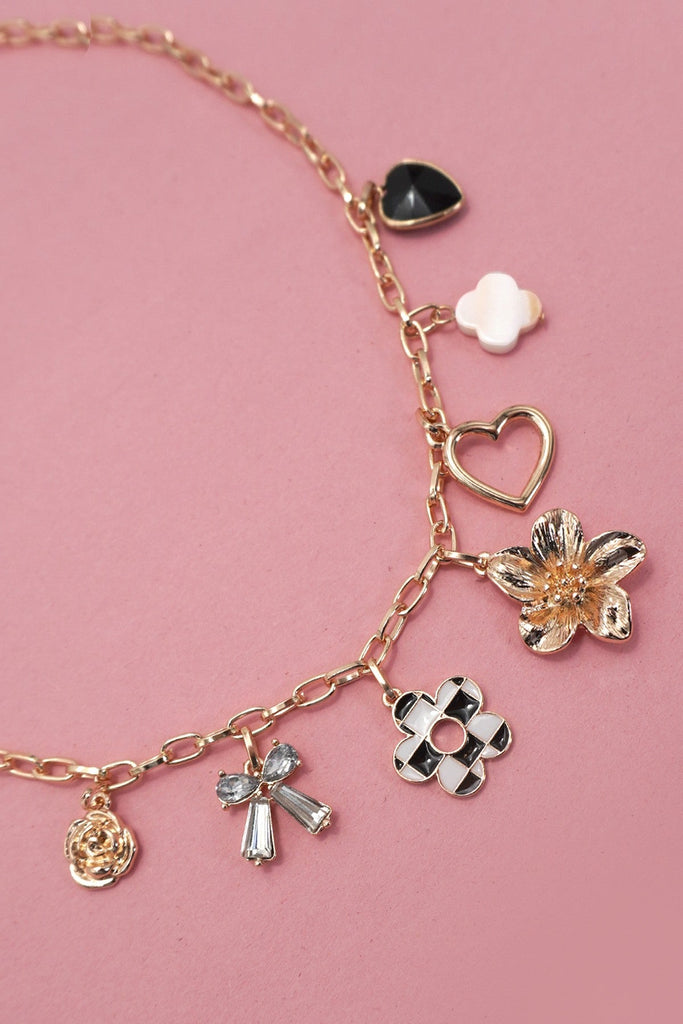 CHARM NECKLACE-BOW CHECKER HEART RHINESTONE | 80N92053