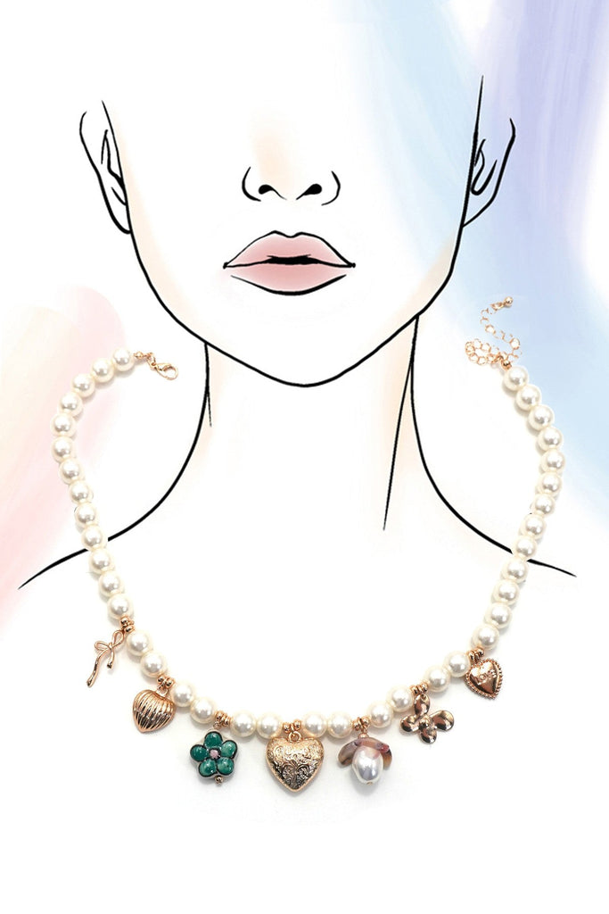 CHARM PEARL NECKLACE-HEART PORCELAIN FLOWER BOW | 80N92080