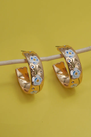 VINTAGE CLOISONNE FLORAL HUGGIE HOOP EARRINGS | 40E396