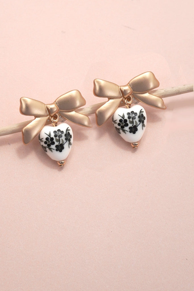 VINTAGE PORCELAIN FLORAL BOW DROP EARRINGS | 80E61107