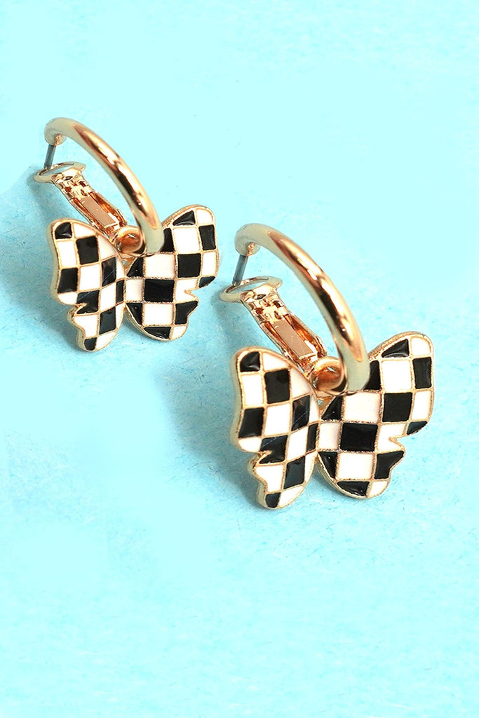 CHECKER BUTTERFLY HUGGIE HOOP DROP EARRINGS | 80E61128