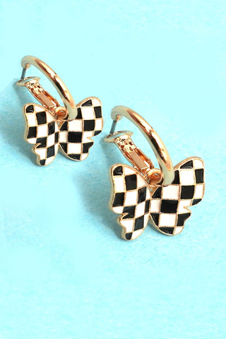 CHECKER BUTTERFLY HUGGIE HOOP DROP EARRINGS | 80E61128