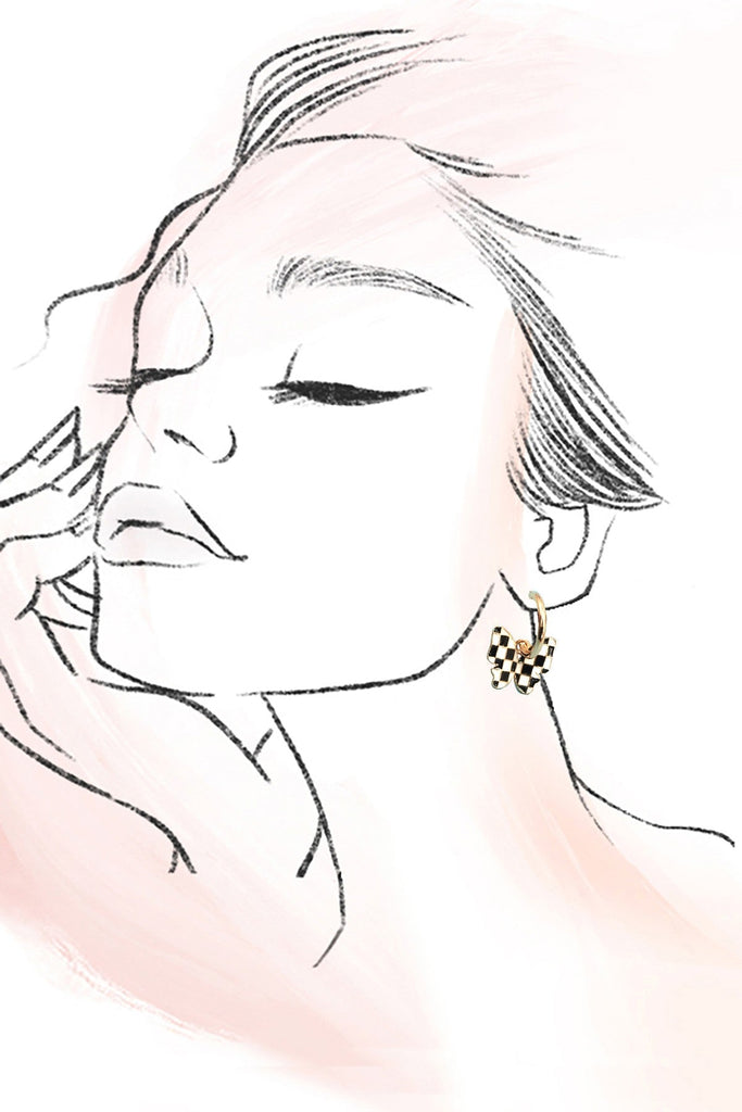 CHECKER BUTTERFLY HUGGIE HOOP DROP EARRINGS | 80E61128