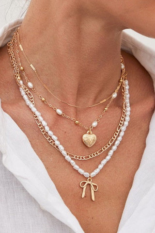 BEAUTIFUL BOW PEARL HEART PENDANT LAYERED NECKLACE | 40NK9547