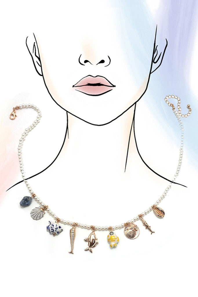 CHARM NECKLACE-PORCELAIN SHELLS FISH NATURAL STONE | 80N92147