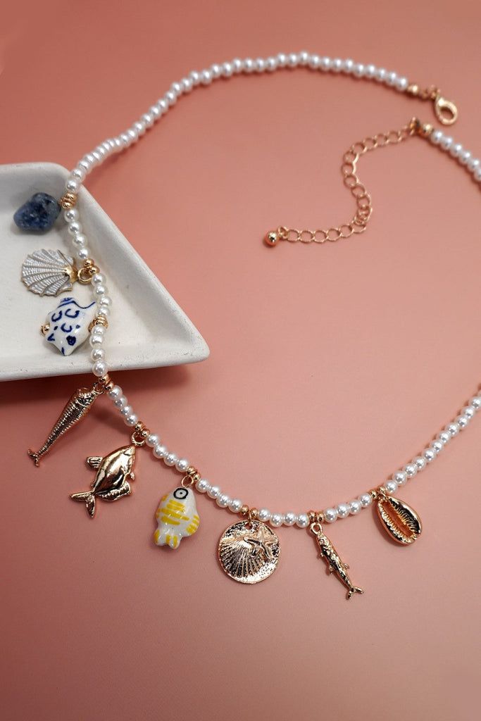 CHARM NECKLACE-PORCELAIN SHELLS FISH NATURAL STONE | 80N92147