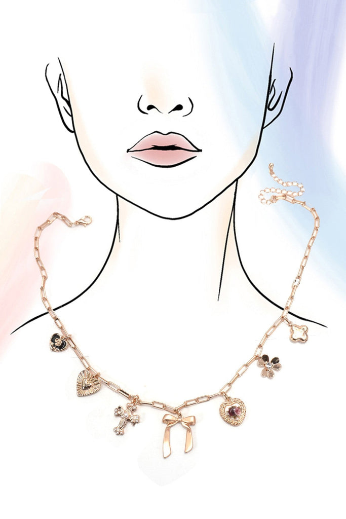 CHARM NECKLACE-PORCELAIN FLORAL BOW CROSS HEART | 80N92151