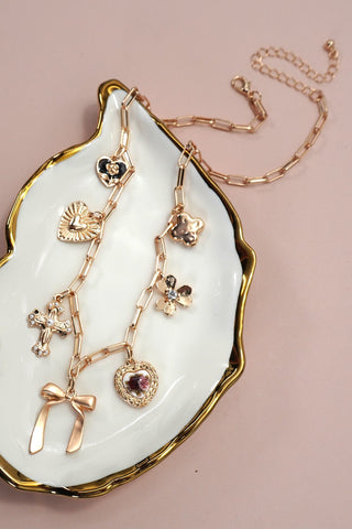 CHARM NECKLACE-PORCELAIN FLORAL BOW CROSS HEART | 80N92151