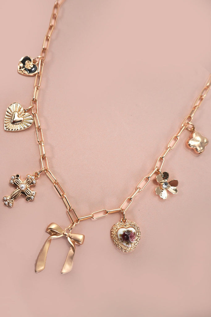 CHARM NECKLACE-PORCELAIN FLORAL BOW CROSS HEART | 80N92151