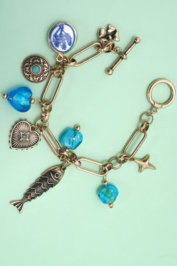 CHARM BRACELET PORCELAIN BLUE GEM  STONE FISH | 80B1358