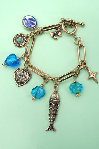 CHARM BRACELET PORCELAIN BLUE GEM  STONE FISH | 80B1358