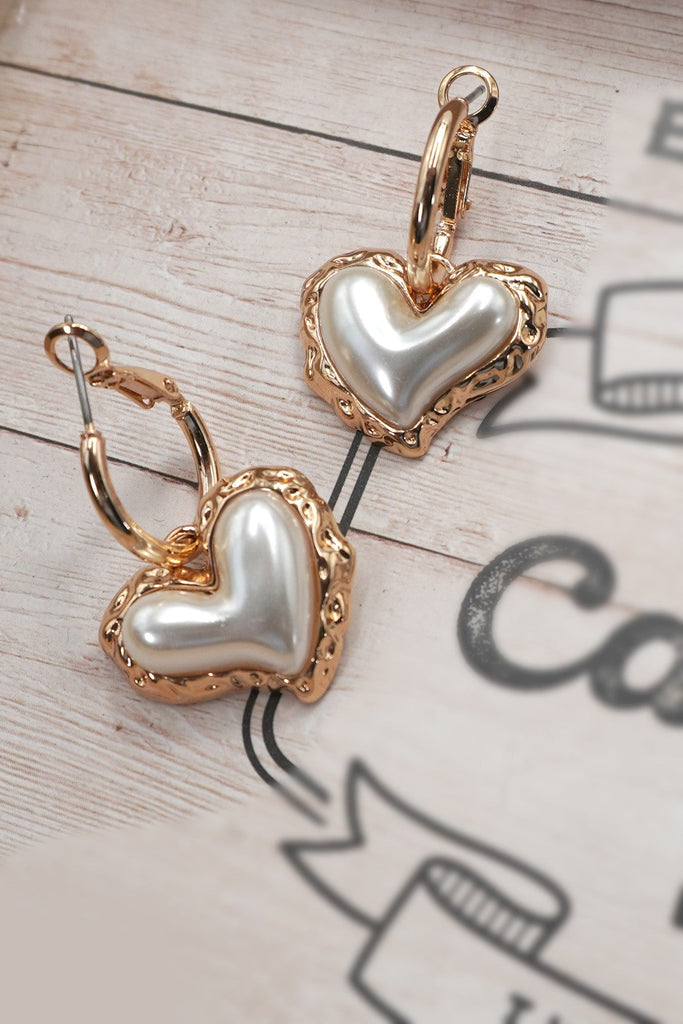 PEARL PUFFY HEART GOLD EDGE DROP EARRINGS | 80E61154